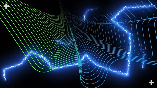 Animation of interface processing data, with glowing electric current over parallel curves, on black