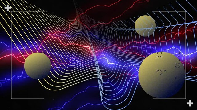 Animation of interface processing data, with coloured electric currents, parallel curves and spheres