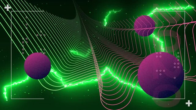 Animation of interface processing data, with green electric currents, parallel curves and spheres
