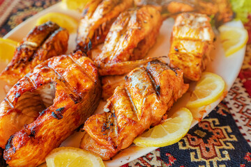 Grilled whitefish with lemon slices. Armenian cuisine and fish of Sevan lake concept