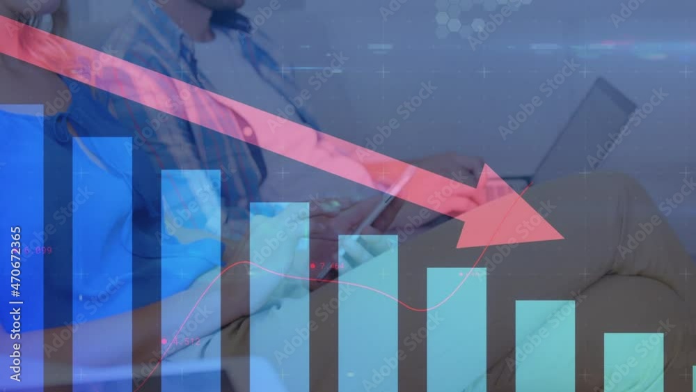 Wall mural animation of red arrow and statistics processing over woman using smartphone