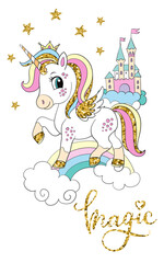 Cartoon unicorn and castle vector illustration golden colors