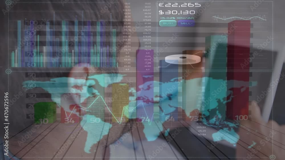 Poster animation of statistics processing over smiling man using tablet