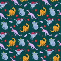 Christmas seamless pattern. Cute hand drawn dinosaurs. Design for fabric, textile, packaging, wrapping paper.