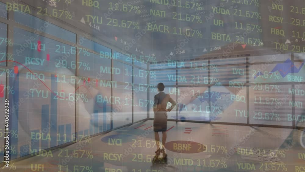 Poster animation of financial data processing over man using smartphone