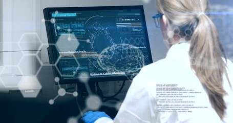 Animation of scientific data processing over female scientist using computer