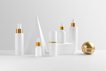 Cosmetics branding mockup template, real photo, dropper, tube, dispenser, bottle blank isolated on a white background with geometric shapes to place your design.