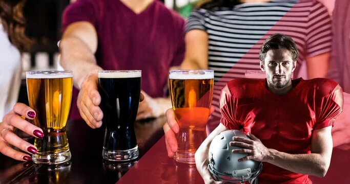 Animation of male american football player over male and female friends holding beers at bar