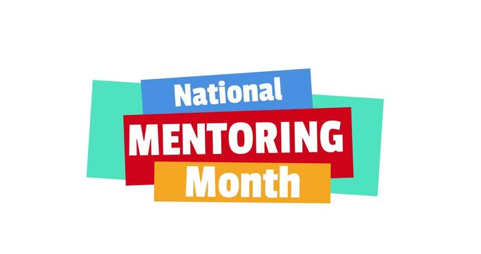 Animation of national mentoring month text over colourful shapes on white background