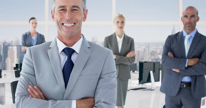 Animation of smiling diverse business people in office