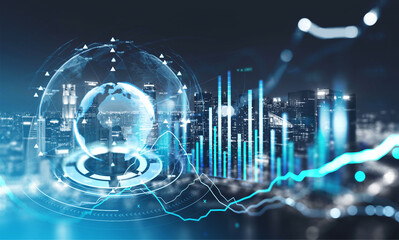 Night Singapore city skyscrapers. Forex financial graph and chart