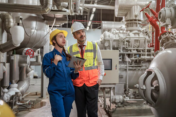 Female inspector holding tablet and checking work with manager inside factory.