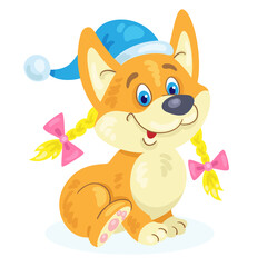 Funny corgi puppy sits in a hat of Santa Claus. In cartoon style. Isolated on white background. Vector flat illustration.