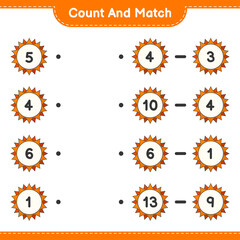 Count and match, count the number of Sun and match with the right numbers. Educational children game, printable worksheet, vector illustration