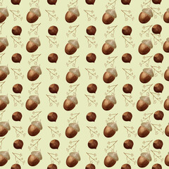 Watercolor forest elements. Cute woodland chestnuts, leaves and brunches on pastel green background. Use for textile, nursery, wallpapers, wrappers.