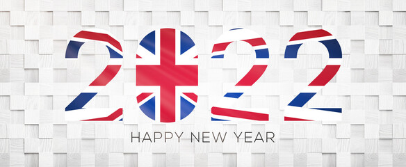 Creative (United Kingdom) Flag Design with 2022 Year, Happy new Year, 3D illustration.