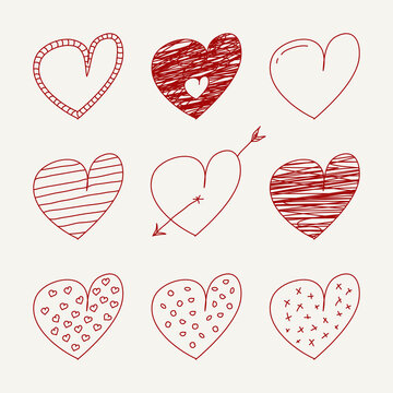 Collection of vector hearts icons in doodle style - drawing creative design. Cute vector painting symbols