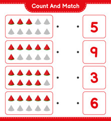 Count and match, count the number of Watermelon and match with the right numbers. Educational children game, printable worksheet, vector illustration