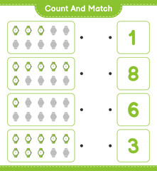 Count and match, count the number of Watches and match with the right numbers. Educational children game, printable worksheet, vector illustration