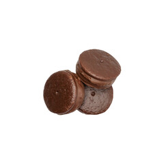 Chocolate-coated cookies isolated on a white background. Top view.