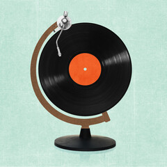 Contemporary art collage, modern design. Retro style. Composition with retro vinyl record isolated on bright background