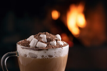 Cocoa with marshmallows and chocolate in a glass mug on a wooden table near a burning fireplace, close up