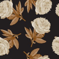 Floral seamless pattern. Vintage peony background. Hand drawn flowers illustration, black background. Perfect for print, textile, cards and apparel.