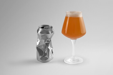 Blank crumpled beer can and glass with beer on a white background, front view, craft beer mockup templates, with empty space to place your label or design