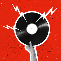 Contemporary art collage, modern design. Retro style. Composition with retro vinyl record isolated on bright background