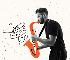 Contemporary art collage, modern design. Retro style. Stylish hipster, man playing saxophone on light background