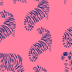 Abstract silhouette Tiger seamless pattern. Wild life animals. Deep blue and pink vector isolated illustration