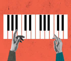 Contemporary art collage, modern design. Retro style. Composition with black and white piano keys,...
