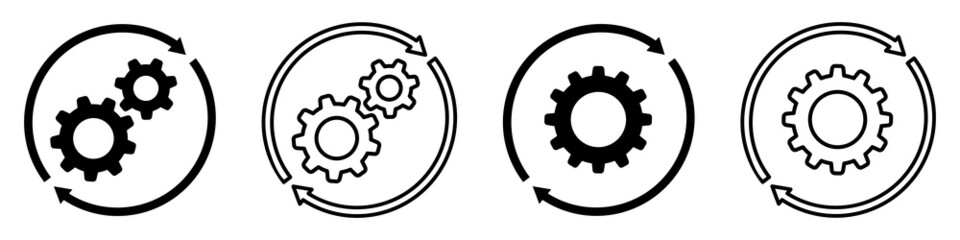 Set of sync process icons. Gear sign in arrow. Gear rotate. Cogwheel vector.