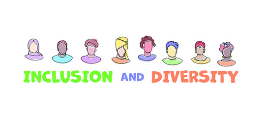 Multiethnic people over inscription Inclusion and Diversity. One line abstract illustration