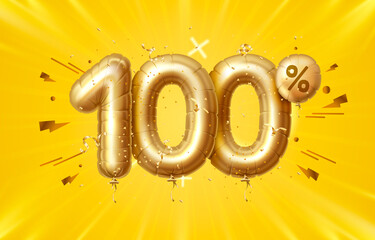 100 Off. Discount creative composition. 3d Golden sale symbol with decorative objects, heart shaped balloons, golden confetti, podium and gift box. Sale banner and poster. Vector