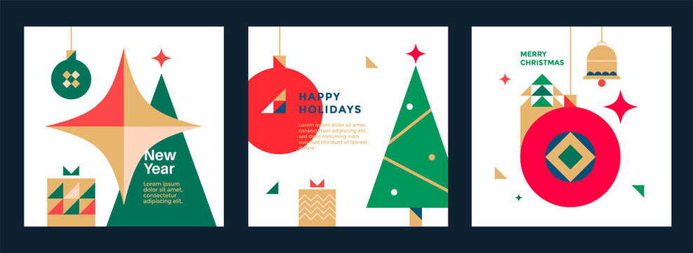 New Year and Christmas greeting card design. Vector illustrations for holiday post graphic with christmas tree, toy, bell.