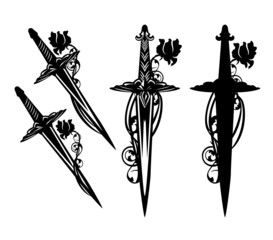 antique dagger knife entwined with rose flower - black and white vector fairy tale medieval style outline and silhouette design set