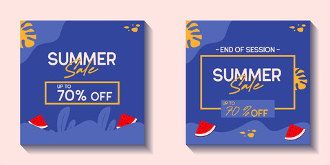 set of Summer Sale banner, hot season sale poster with leaves. Invitation for shopping. special offer card, template for design template