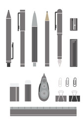 イラスト素材：モノクロトーンのシンプルなシルエットの文房具セット①