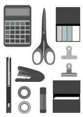 イラスト素材：モノクロトーンのシンプルなシルエットの文房具セット②