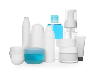 Many different cosmetics products on white background