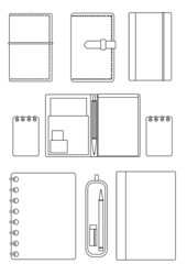 イラスト素材：シンプルなシルエットの文房具セット③線画のみ
