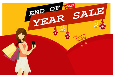 woman hold shopping bag and phone for shop in end of year sale