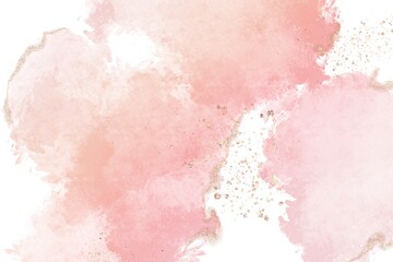 グラデーションのペイント抽象背景）ピンクの筆跡に金色の装飾　春　ラメ　グリッター　白背景