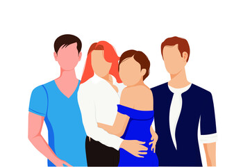 Couple of young people in love.Group of happy men and women. Flat vector on white background