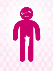 I am sexy and I know it funny concept vector cartoon icon or logo with confident blinking flirting man and woman hand in his groin. - obrazy, fototapety, plakaty
