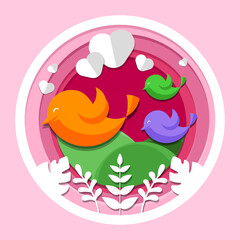 Paper cut style about three birds fly happily with love