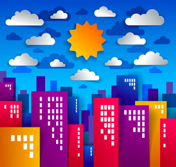 City houses buildings paper cut cartoon kids game style vector illustration, modern minimal design of cute cityscape, urban life, clouds in the sky