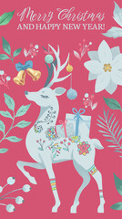 christmas card with white cartoon deer and different elements in rough texture style