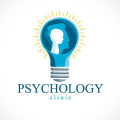 Psychology vector logo created with man head profile and little child boy inside the idea light bulb, inner child concept, origin of human individuality and psychic problems. Therapy and analysis.